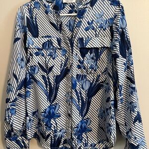 Calvin Klein Roll-Tab Blue Floral Striped Blouse